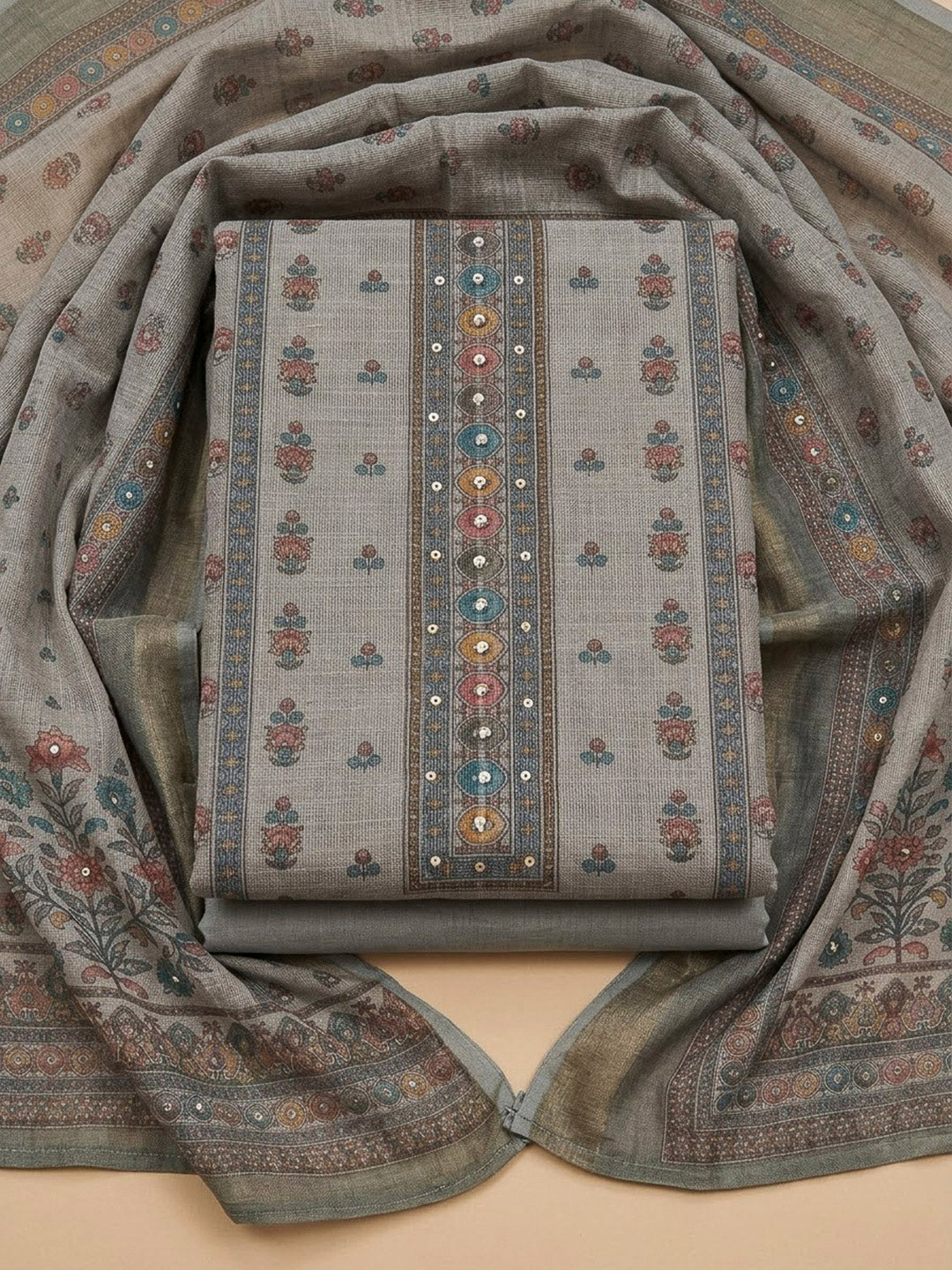 Grey Linen Blend Embroidered Unstitched Dress Material