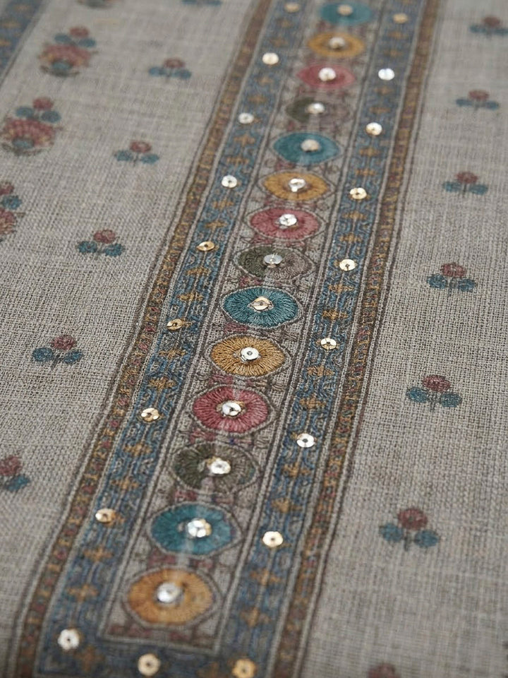 Grey Linen Blend Embroidered Unstitched Dress Material