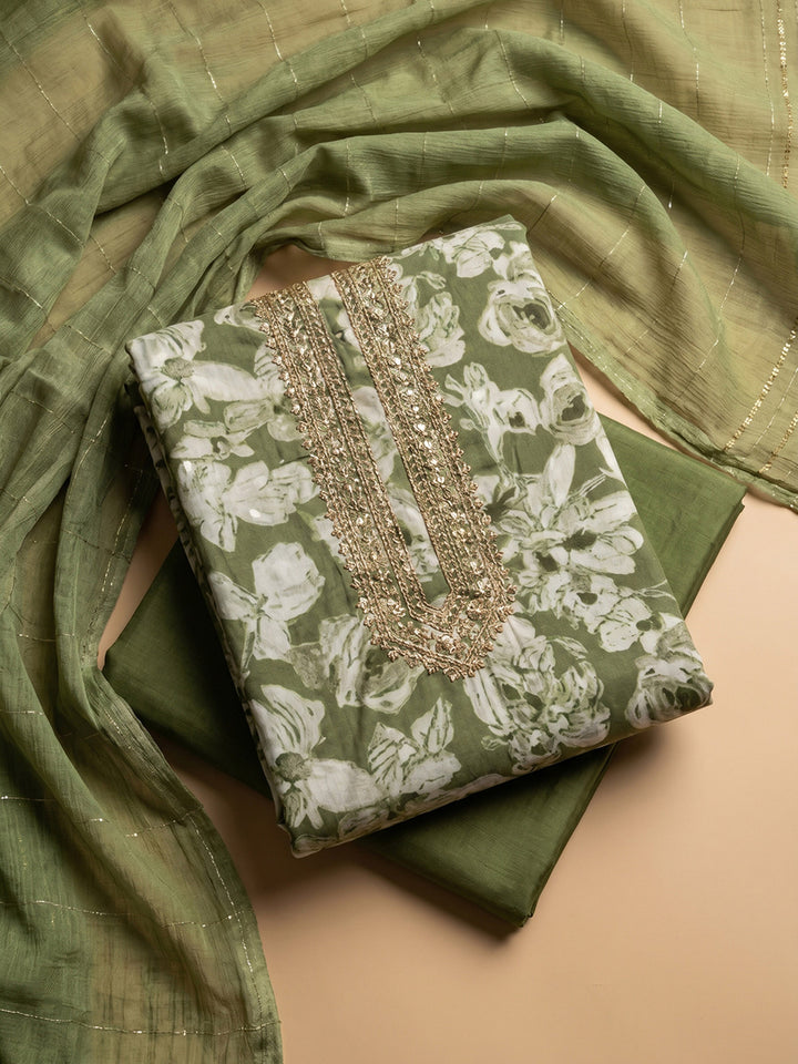 Green Embroidered Cotton Blend Unstitched Suit &amp; Pant With Cotton Dupatta