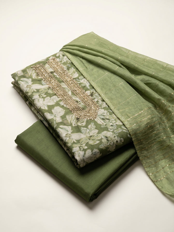 Green Embroidered Cotton Blend Unstitched Suit &amp; Pant With Cotton Dupatta