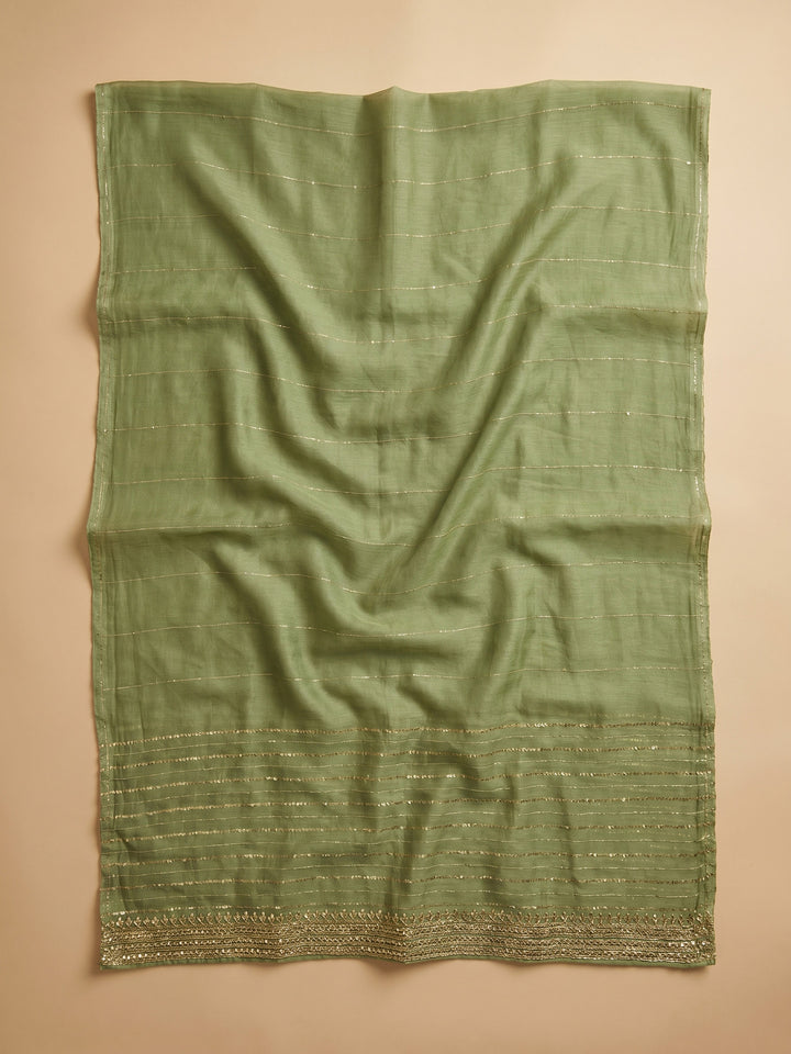 Green Embroidered Cotton Blend Unstitched Suit &amp; Pant With Cotton Dupatta