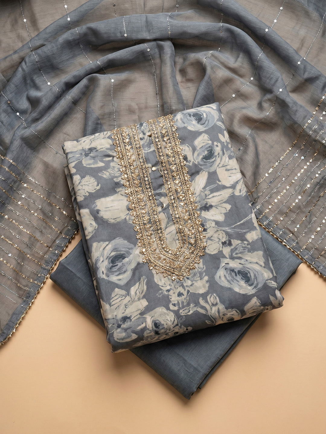Grey Embroidered Cotton Blend Unstitched Suit &amp; Pant With Cotton Dupatta