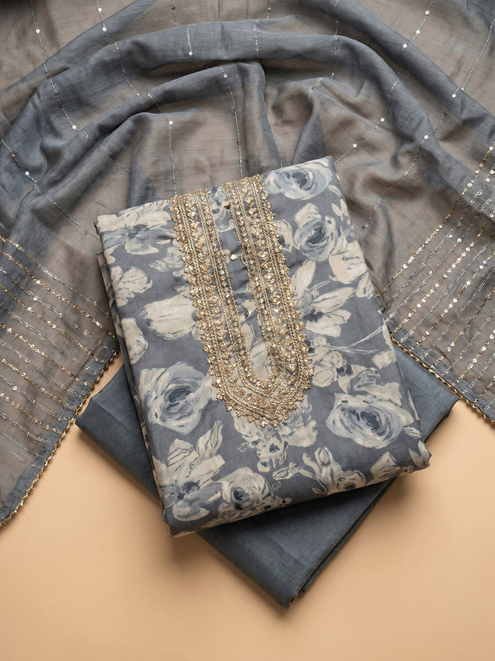 Grey Embroidered Cotton Blend Unstitched Suit &amp; Pant With Cotton Dupatta