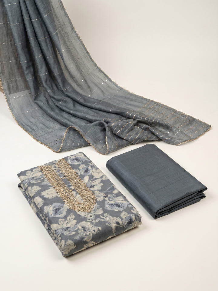 Grey Embroidered Cotton Blend Unstitched Suit &amp; Pant With Cotton Dupatta