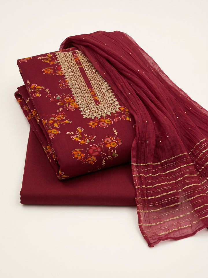 Maroon Embroidered Cotton Blend Unstitched Suit &amp; Pant With Cotton Dupatta