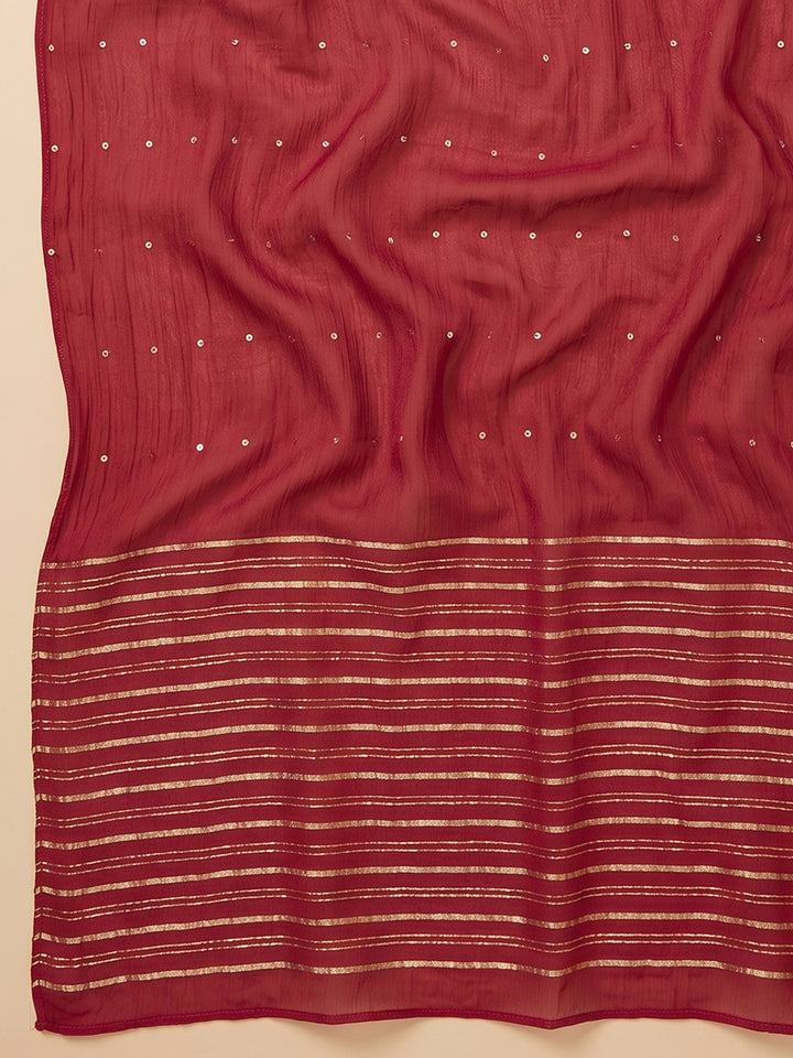 Maroon Embroidered Cotton Blend Unstitched Suit &amp; Pant With Cotton Dupatta