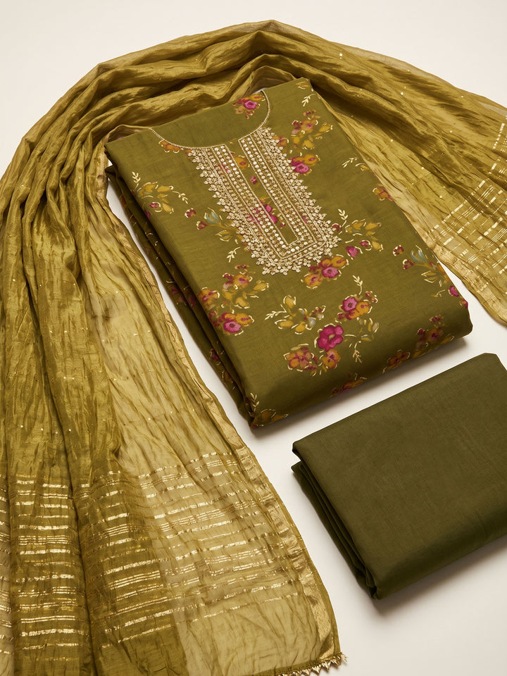 Mehndi Embroidered Cotton Blend Unstitched Suit &amp; Pant With Cotton Dupatta