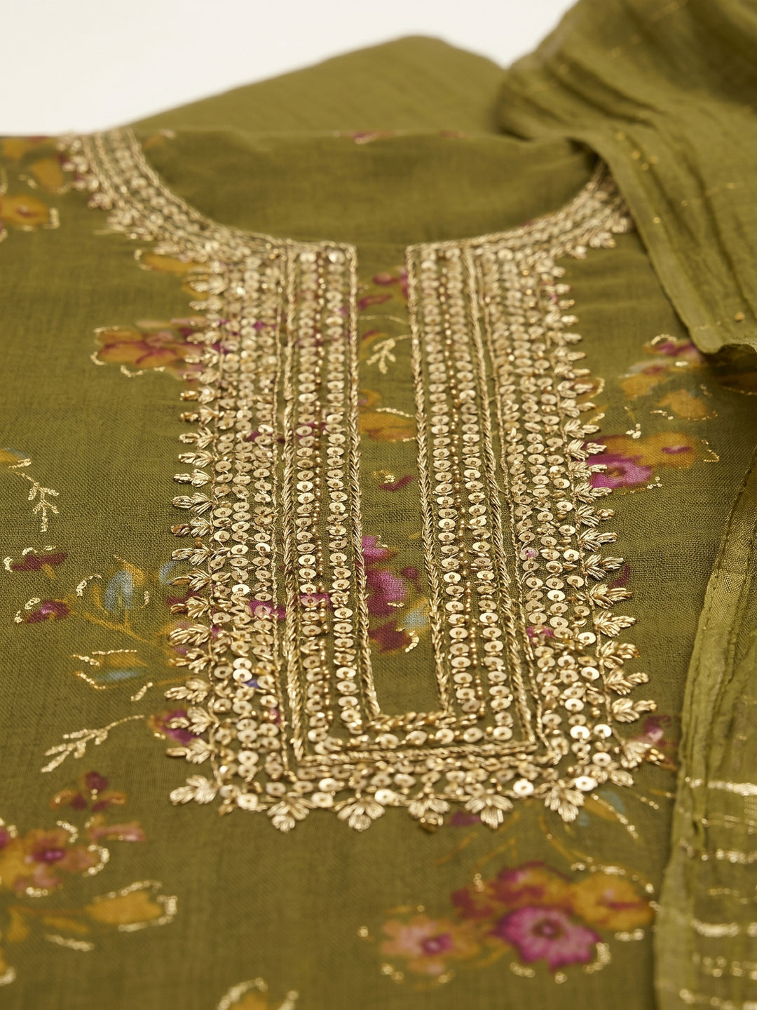 Mehndi Embroidered Cotton Blend Unstitched Suit &amp; Pant With Cotton Dupatta