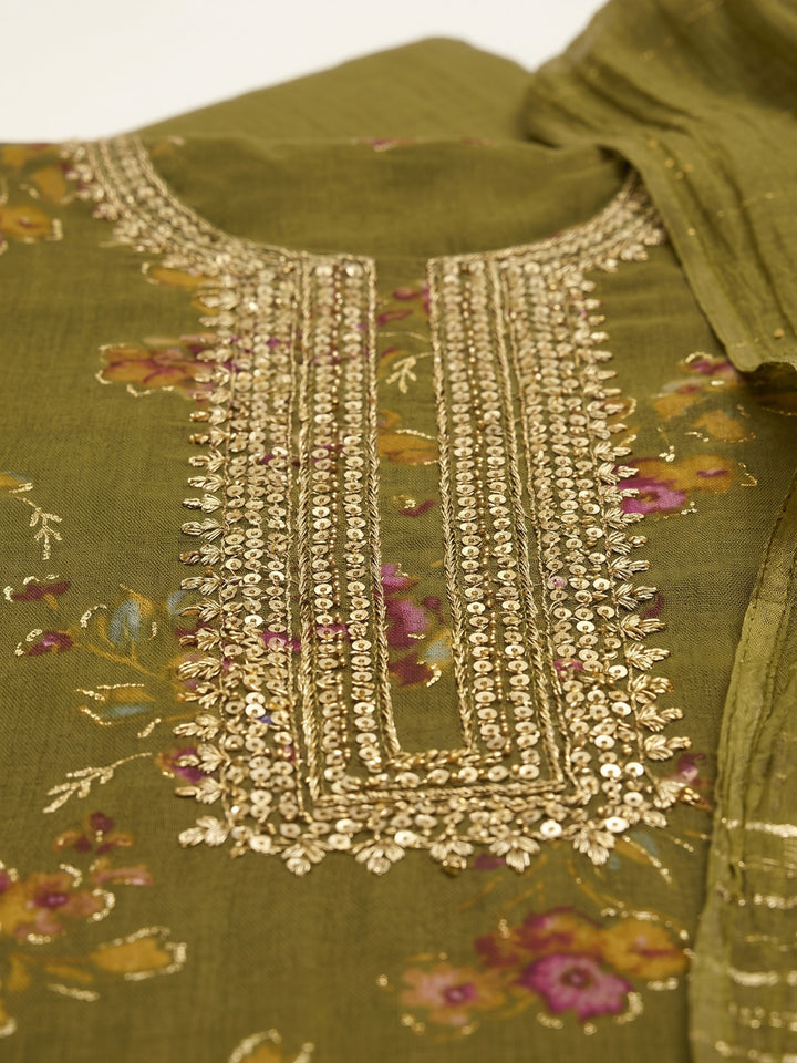 Mehndi Embroidered Cotton Blend Unstitched Suit &amp; Pant With Cotton Dupatta