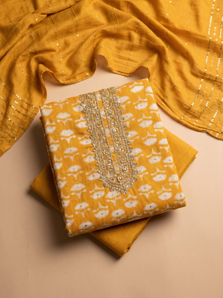 Mustard Embroidered Cotton Blend Unstitched Suit &amp; Pant With Cotton Dupatta