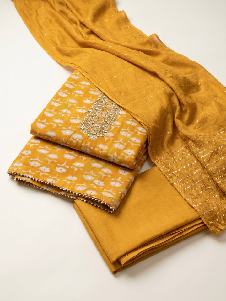 Mustard Embroidered Cotton Blend Unstitched Suit &amp; Pant With Cotton Dupatta