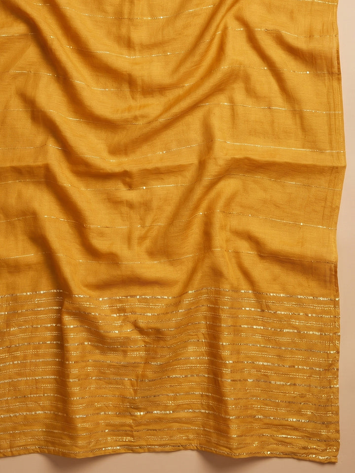 Mustard Embroidered Cotton Blend Unstitched Suit &amp; Pant With Cotton Dupatta