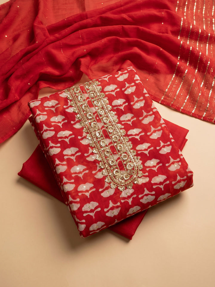 Red Embroidered Cotton Blend Unstitched Suit &amp; Pant With Cotton Dupatta