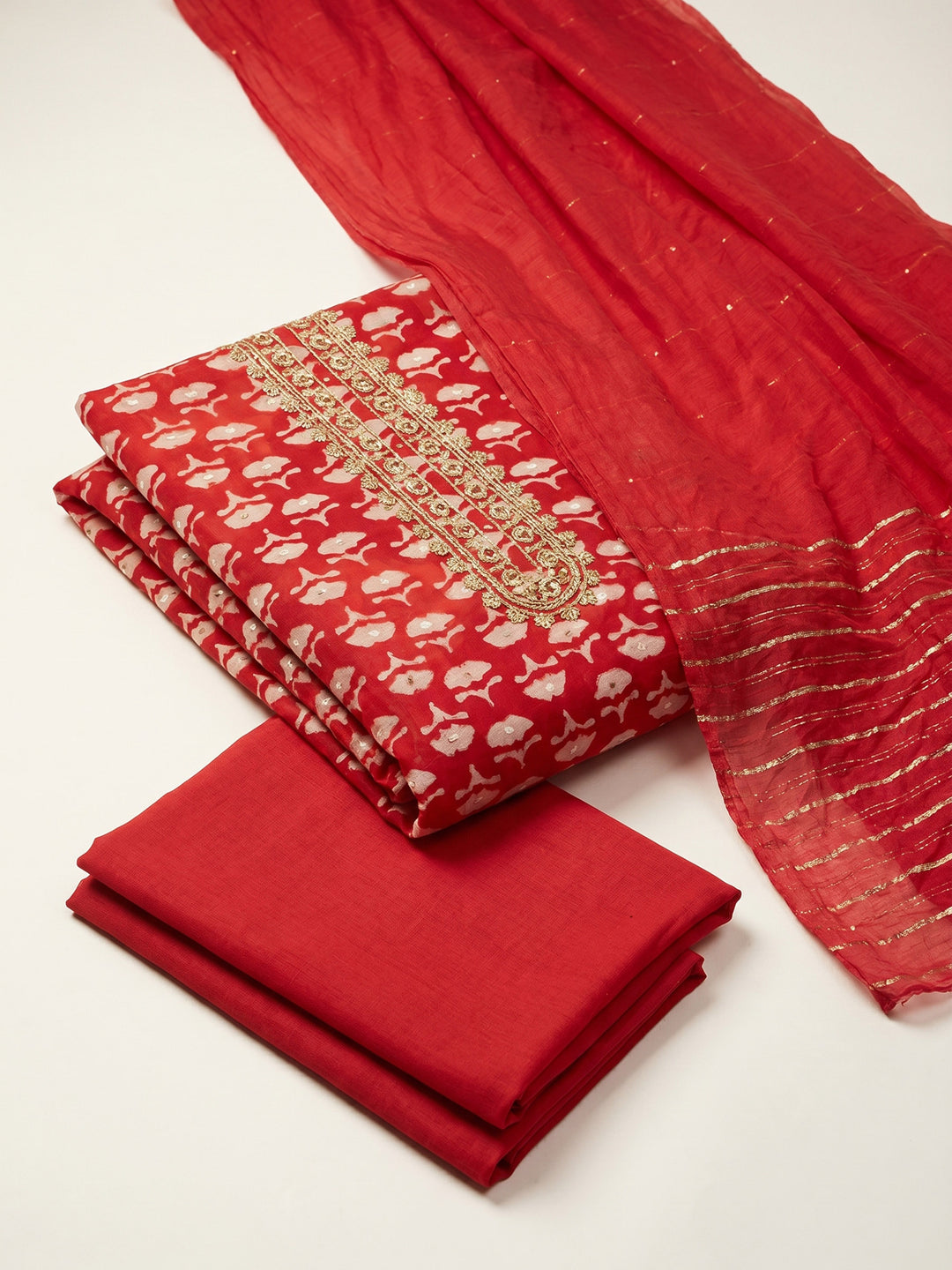 Red Embroidered Cotton Blend Unstitched Suit &amp; Pant With Cotton Dupatta