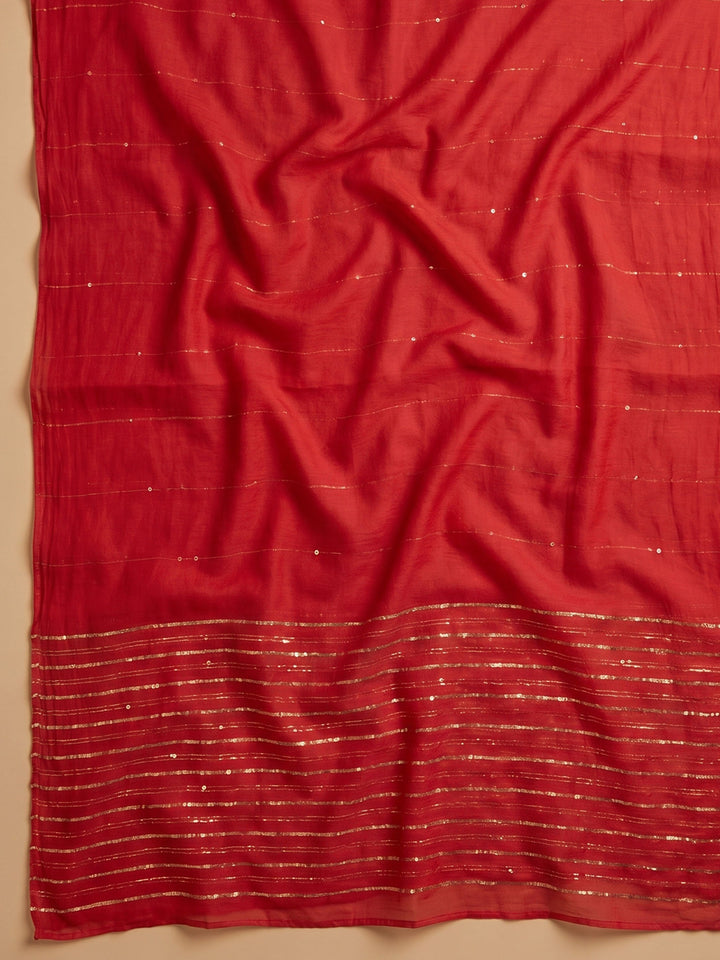 Red Embroidered Cotton Blend Unstitched Suit &amp; Pant With Cotton Dupatta