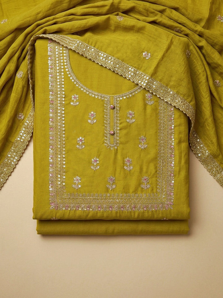 Mustard Embroidered Cotton Blend Unstitched Suit &amp; Pant With Cotton Dupatta