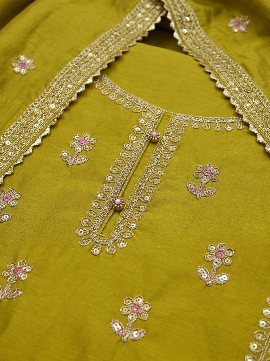 Mustard Embroidered Cotton Blend Unstitched Suit &amp; Pant With Cotton Dupatta
