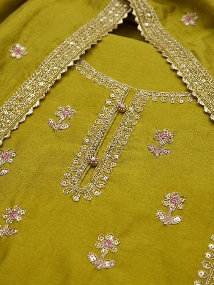 Mustard Embroidered Cotton Blend Unstitched Suit &amp; Pant With Cotton Dupatta