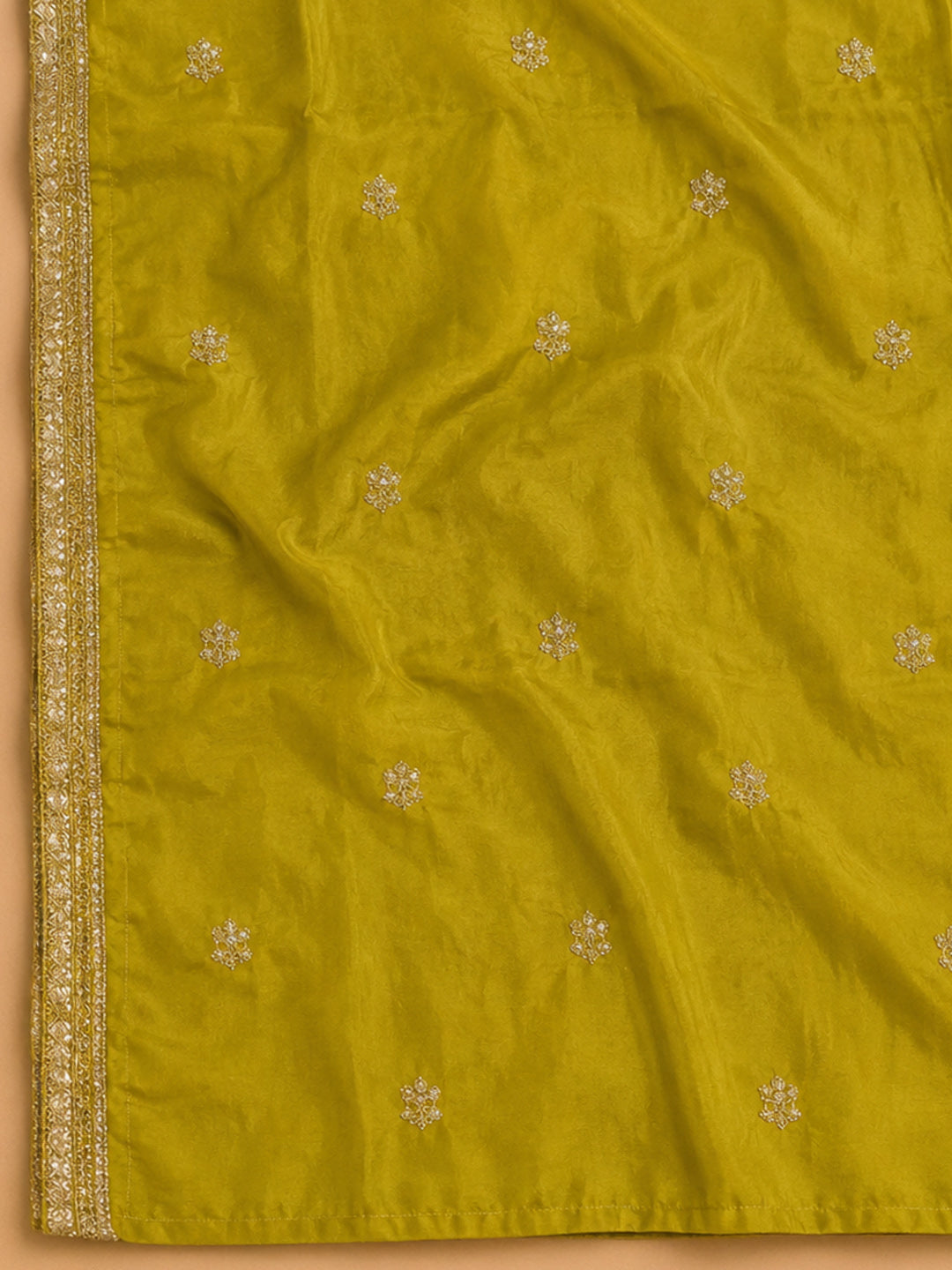 Mustard Embroidered Cotton Blend Unstitched Suit &amp; Pant With Cotton Dupatta