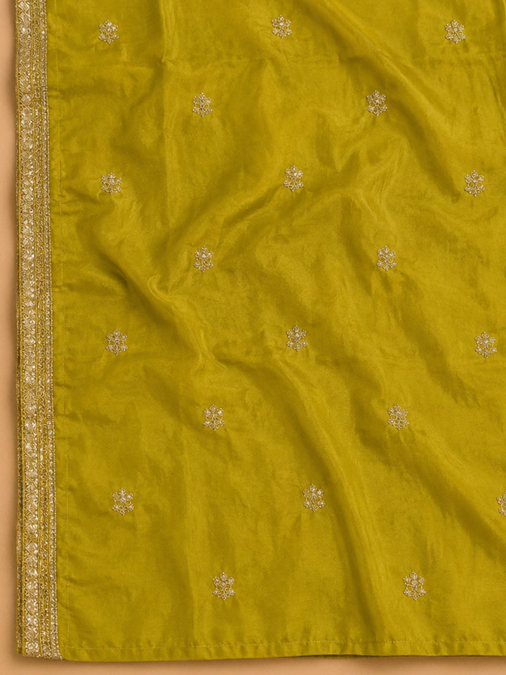 Mustard Embroidered Cotton Blend Unstitched Suit &amp; Pant With Cotton Dupatta