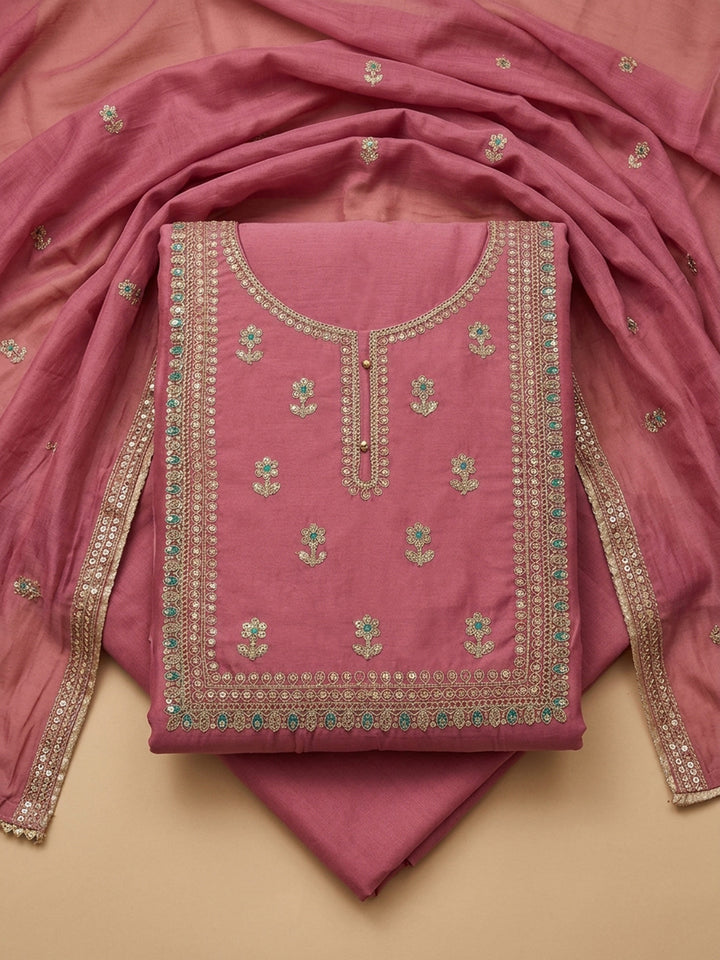 Pink Embroidered Cotton Blend Unstitched Suit &amp; Pant With Cotton Dupatta