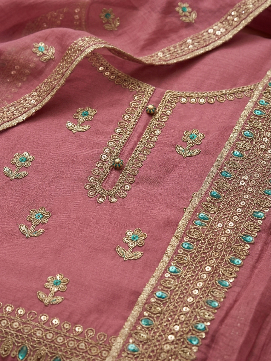 Pink Embroidered Cotton Blend Unstitched Suit &amp; Pant With Cotton Dupatta