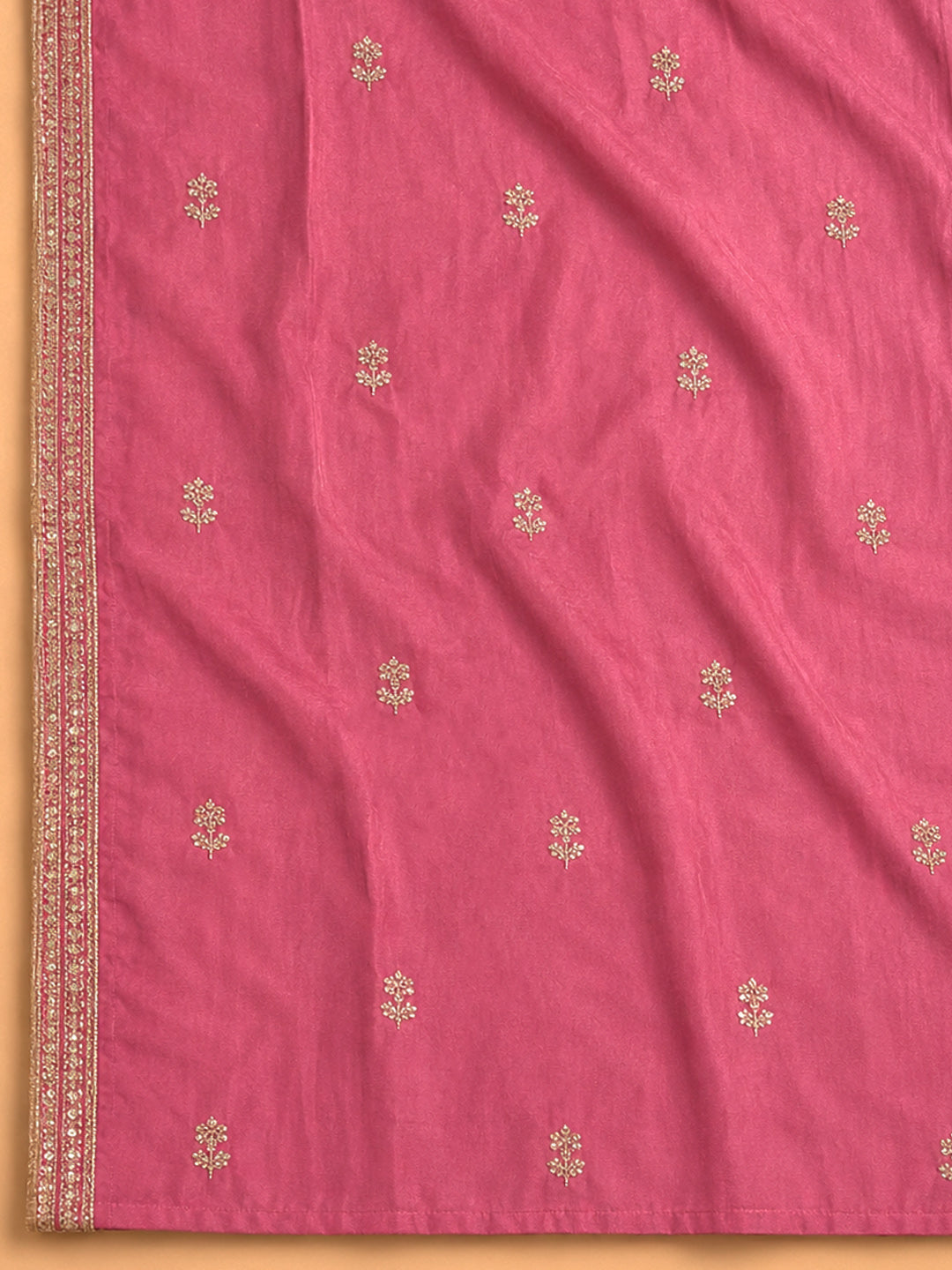 Pink Embroidered Cotton Blend Unstitched Suit &amp; Pant With Cotton Dupatta
