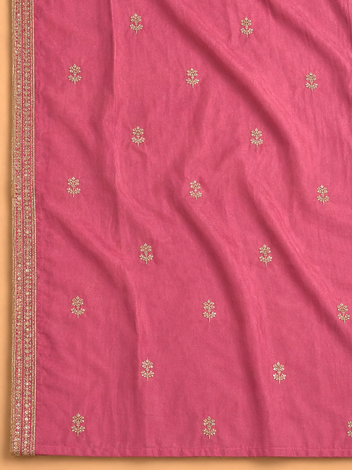 Pink Embroidered Cotton Blend Unstitched Suit &amp; Pant With Cotton Dupatta