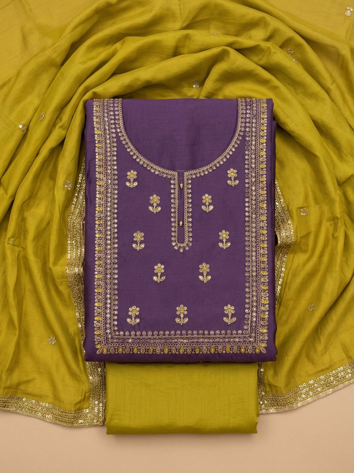 Purple Embroidered Cotton Blend Unstitched Suit &amp; Pant With Cotton Dupatta