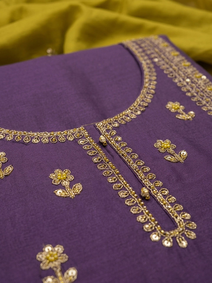 Purple Embroidered Cotton Blend Unstitched Suit &amp; Pant With Cotton Dupatta
