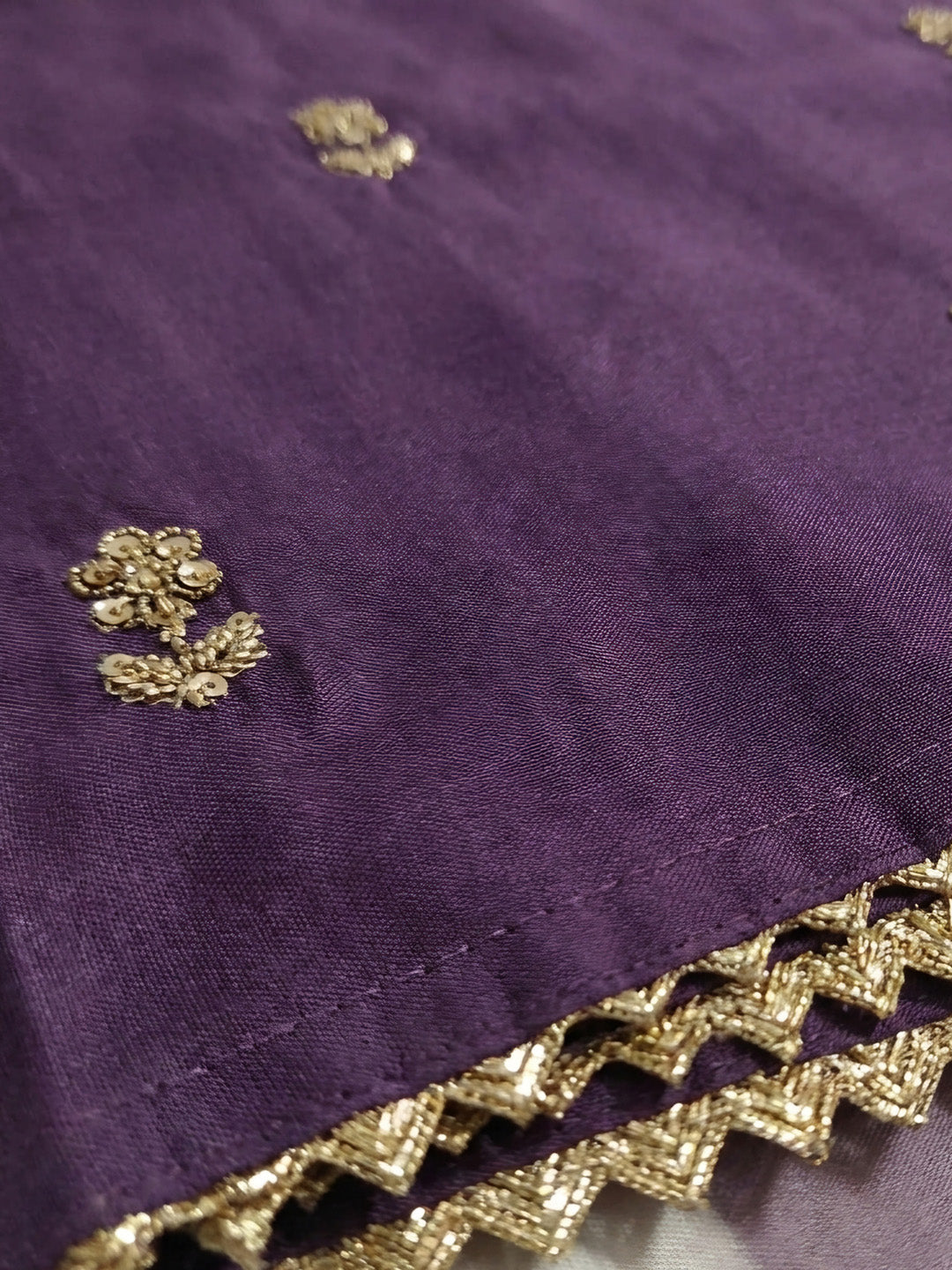 Purple Embroidered Cotton Blend Unstitched Suit &amp; Pant With Cotton Dupatta
