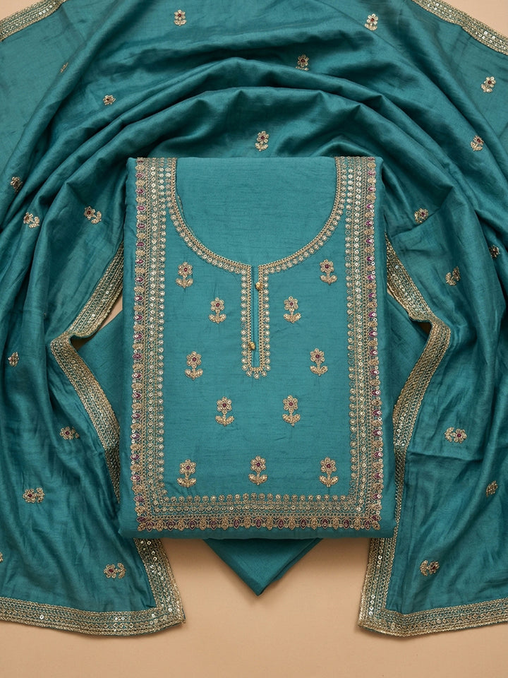 Rama Green Embroidered Cotton Blend Unstitched Suit &amp; Pant With Cotton Dupatta