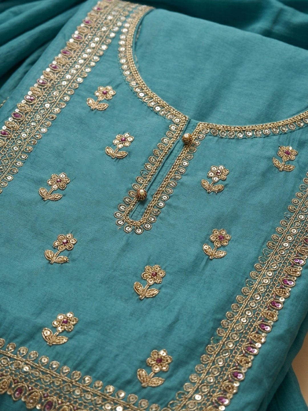 Rama Green Embroidered Cotton Blend Unstitched Suit &amp; Pant With Cotton Dupatta