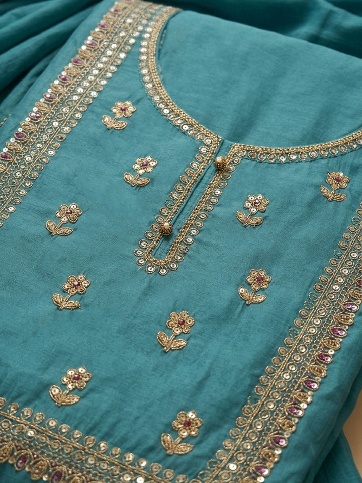 Rama Green Embroidered Cotton Blend Unstitched Suit &amp; Pant With Cotton Dupatta