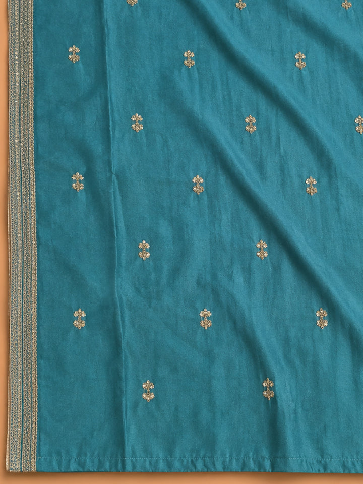 Rama Green Embroidered Cotton Blend Unstitched Suit &amp; Pant With Cotton Dupatta