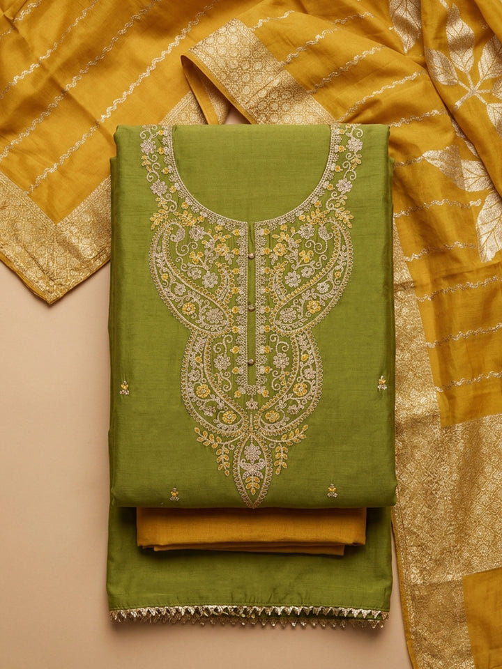 Green Embroidered Cotton Blend Unstitched Suit &amp; Pant With Cotton Dupatta