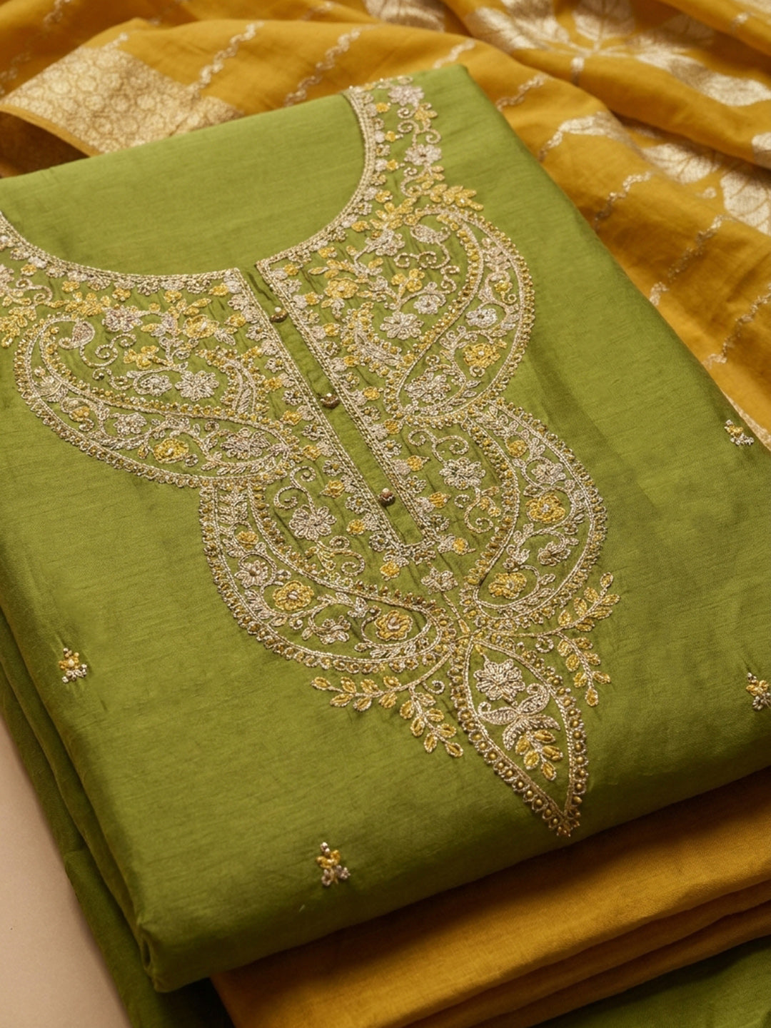 Green Embroidered Cotton Blend Unstitched Suit &amp; Pant With Cotton Dupatta