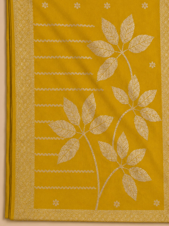 Green Embroidered Cotton Blend Unstitched Suit &amp; Pant With Cotton Dupatta