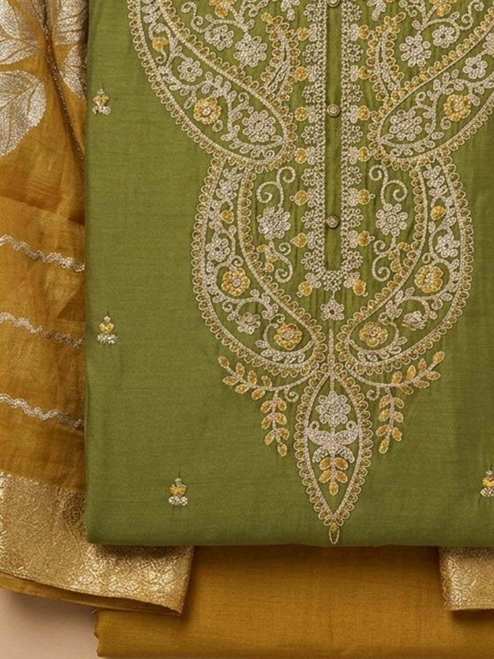 Green Embroidered Cotton Blend Unstitched Suit &amp; Pant With Cotton Dupatta