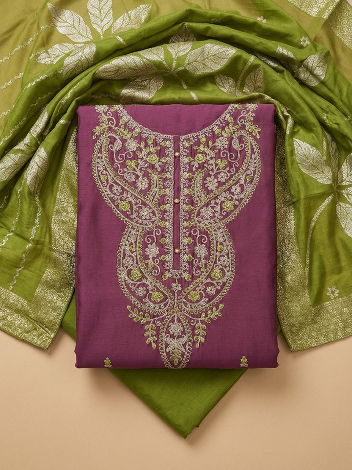Onion Pink Embroidered Cotton Blend Unstitched Suit &amp; Pant With Cotton Dupatta