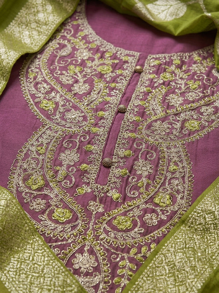 Onion Pink Embroidered Cotton Blend Unstitched Suit &amp; Pant With Cotton Dupatta