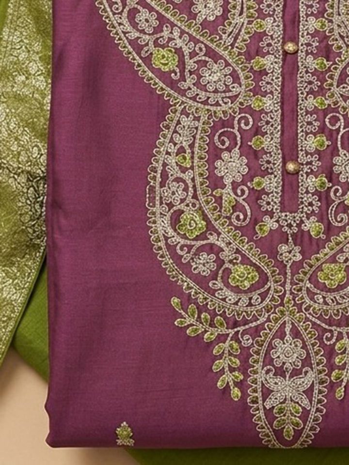 Onion Pink Embroidered Cotton Blend Unstitched Suit &amp; Pant With Cotton Dupatta