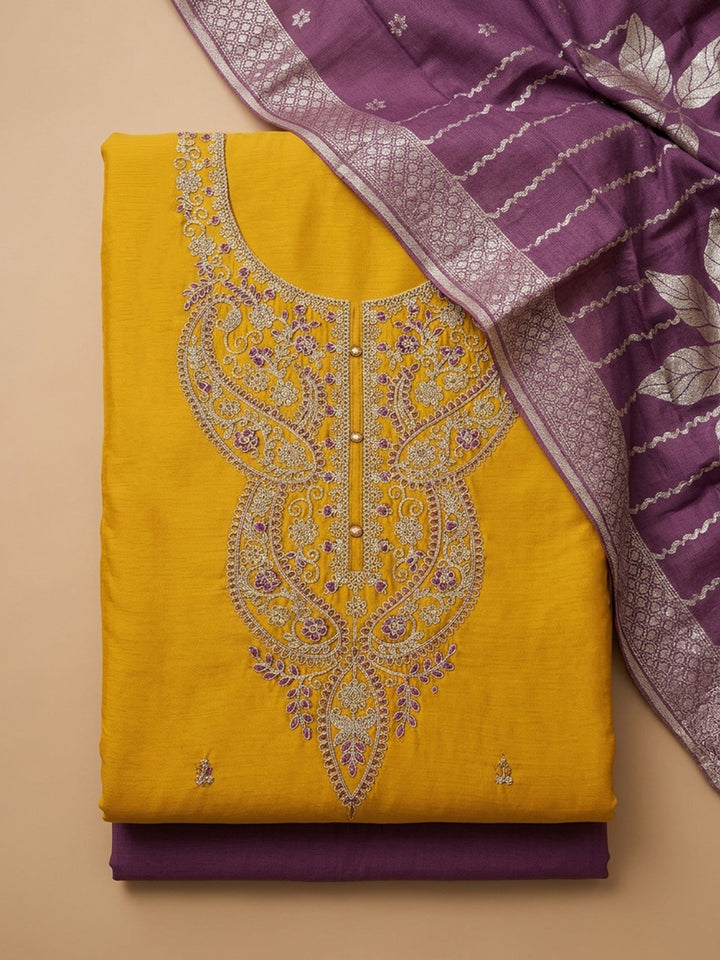 Yellow Embroidered Cotton Blend Unstitched Suit &amp; Pant With Cotton Dupatta