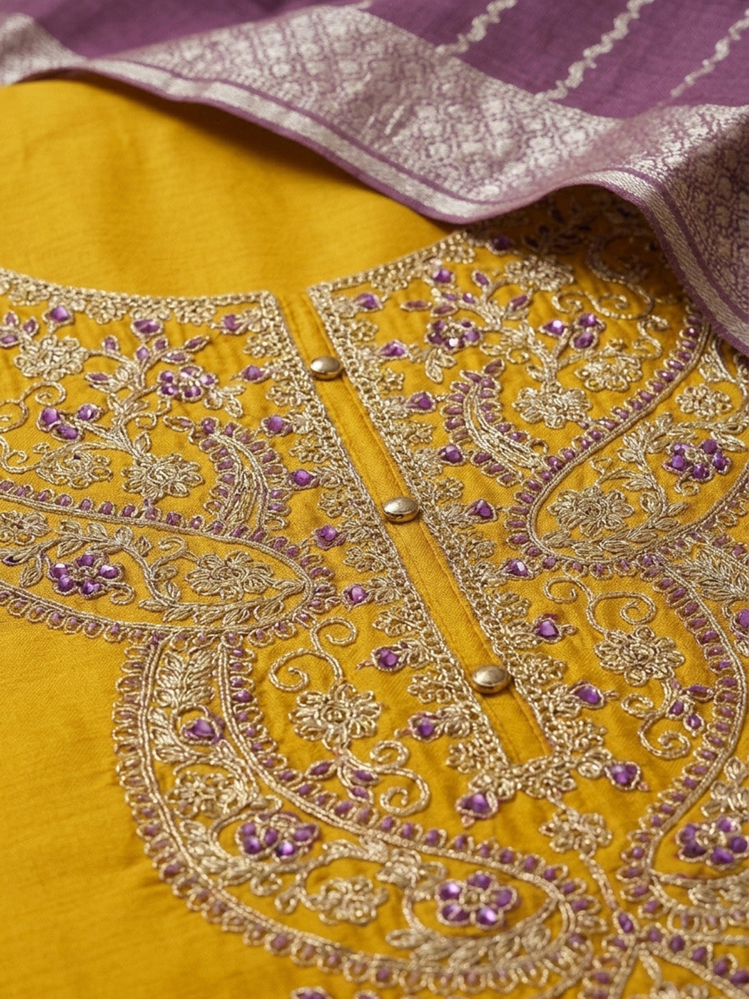 Yellow Embroidered Cotton Blend Unstitched Suit &amp; Pant With Cotton Dupatta