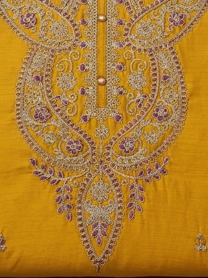 Yellow Embroidered Cotton Blend Unstitched Suit &amp; Pant With Cotton Dupatta