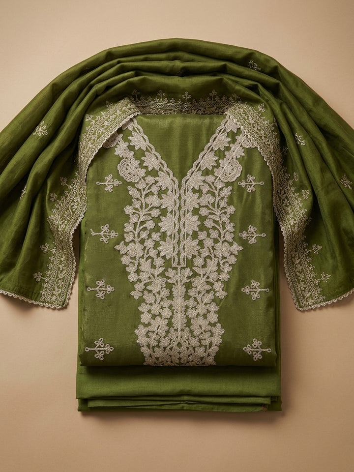 Green Embroidered Cotton Blend Unstitched Suit &amp; Pant With Cotton Dupatta