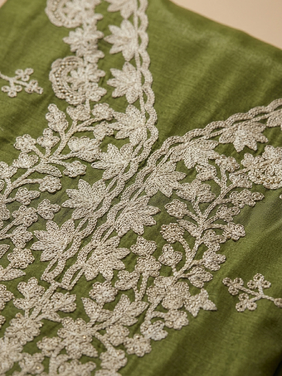 Green Embroidered Cotton Blend Unstitched Suit &amp; Pant With Cotton Dupatta