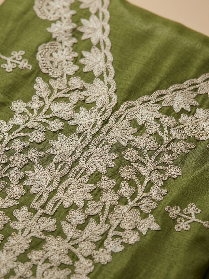 Green Embroidered Cotton Blend Unstitched Suit &amp; Pant With Cotton Dupatta