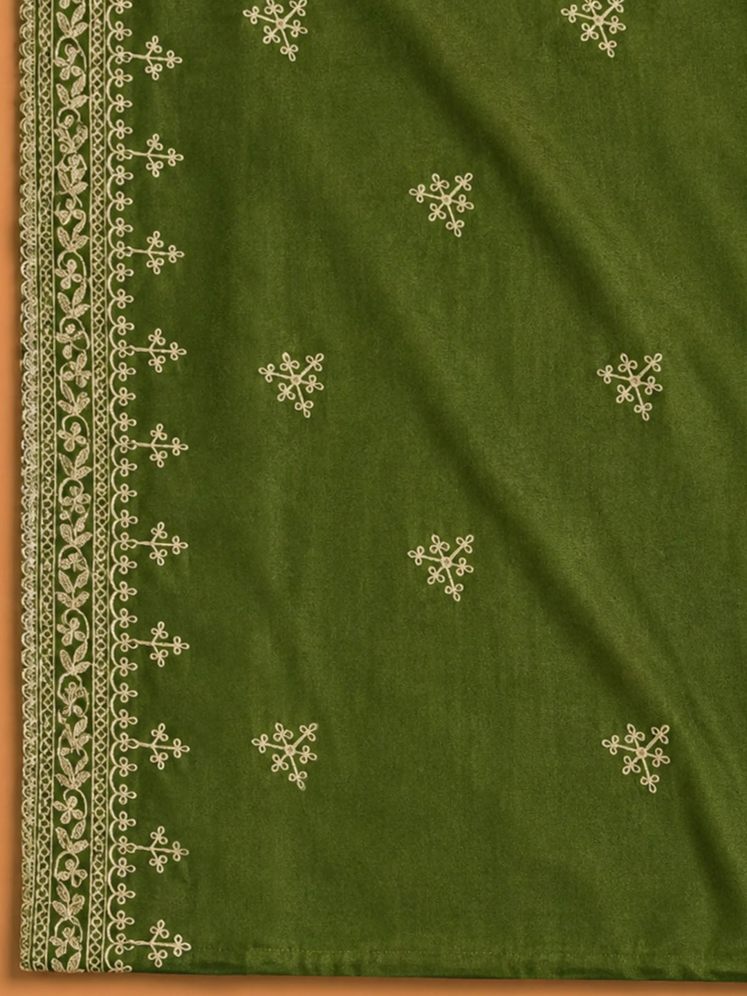 Green Embroidered Cotton Blend Unstitched Suit &amp; Pant With Cotton Dupatta