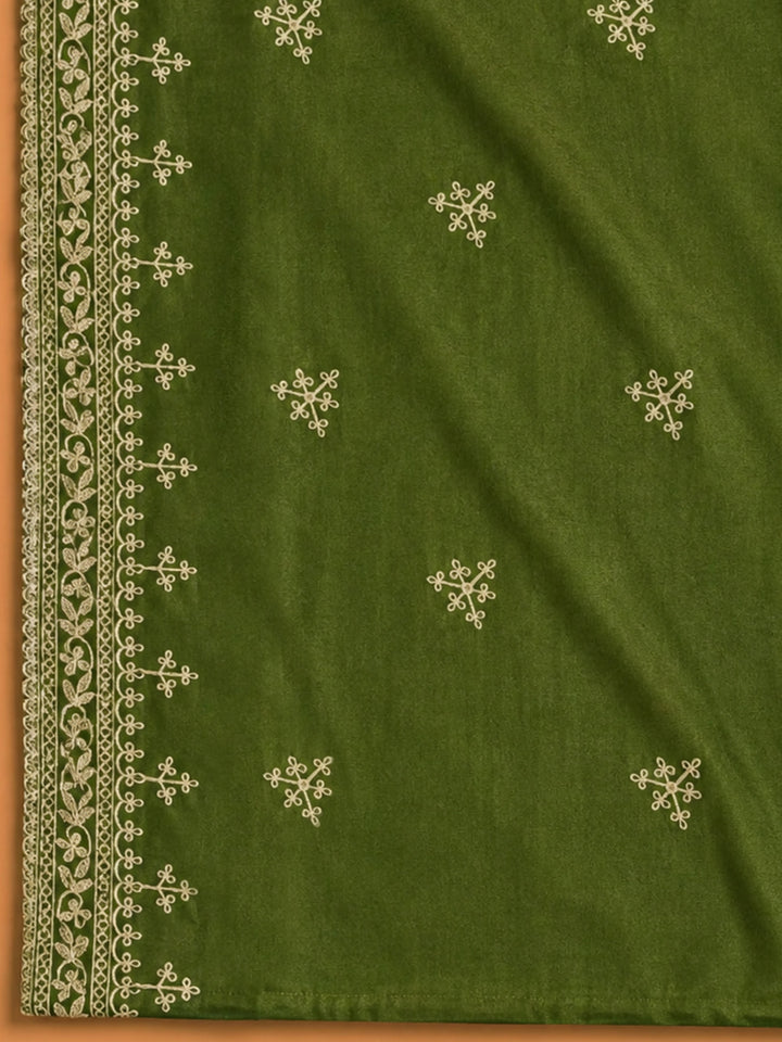 Green Embroidered Cotton Blend Unstitched Suit &amp; Pant With Cotton Dupatta